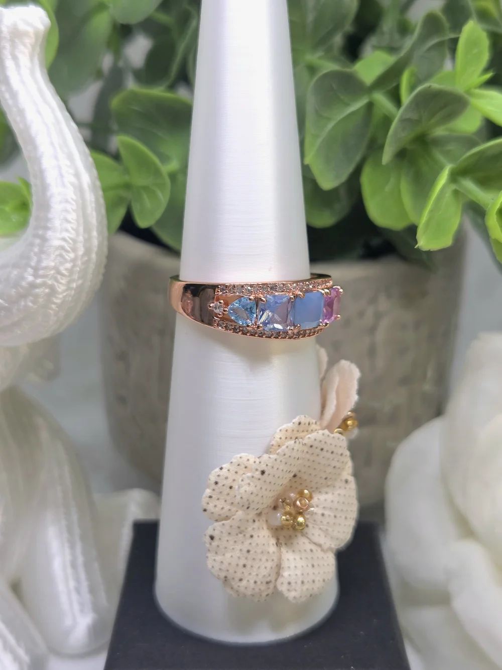 BP Rose Gold Band with Blue and Pink Square Gemstones
